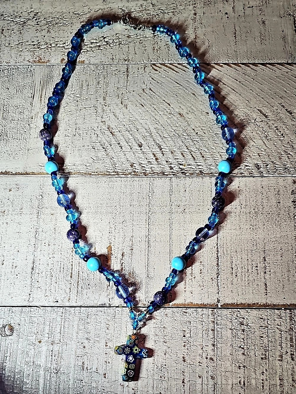 Handmade Millefiori Floral Cross Pendant Beaded Statement Necklace 🌸 Vintage